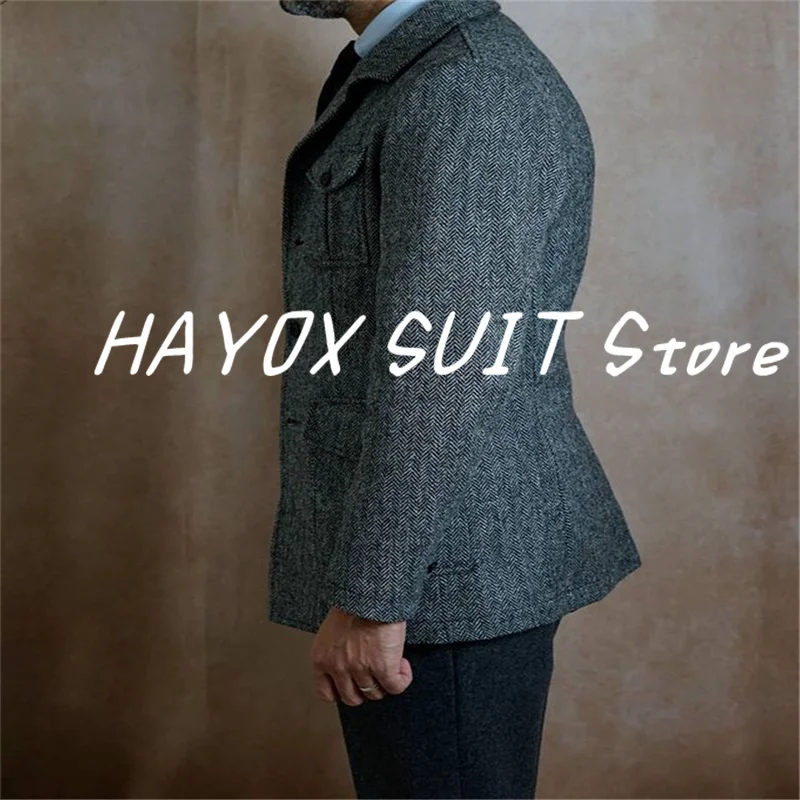 Tweed Men\'s Suit Jacket Vintage Single Breasted Business Formal Men Ensembles De Blazers For Wedding Costume Homme