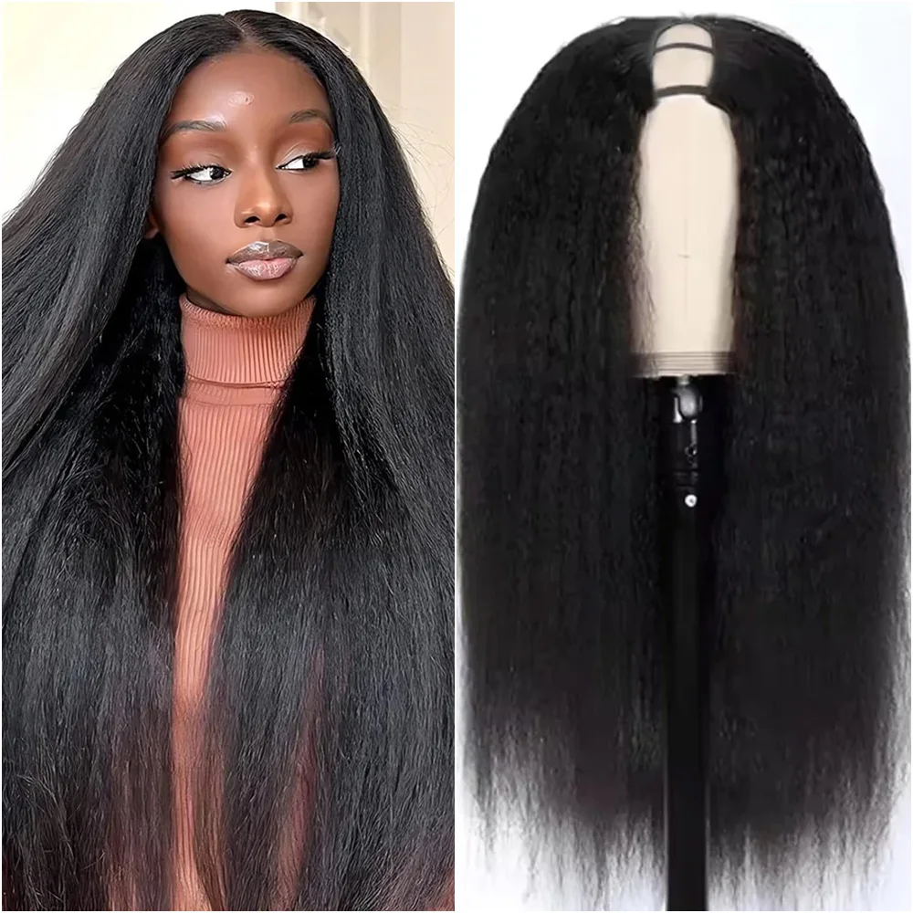 

Kinky Straight Human Hair V Part Wig 32 Inch Natural Black No Leave Out Glueless Ready To Wear Brazilian Upgrade Wigs For Women