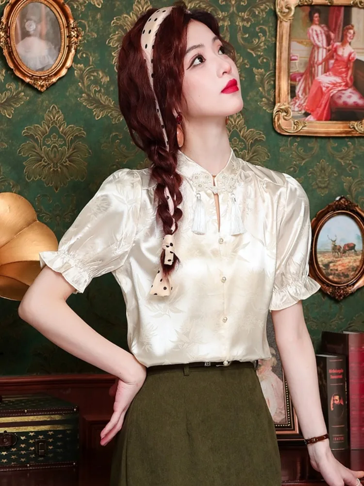 

New Chinese Sle Stand Collar Embroidered ort Sve Women's irt Summer 2025 National Sle Button High Gloss Satin Blouse