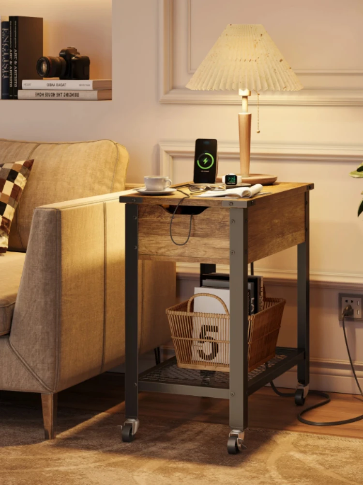 Flip Top End Table with Shelf,Movable Laptop Desk, Charging Stations & Wheels,  Weathered Rustic Oak