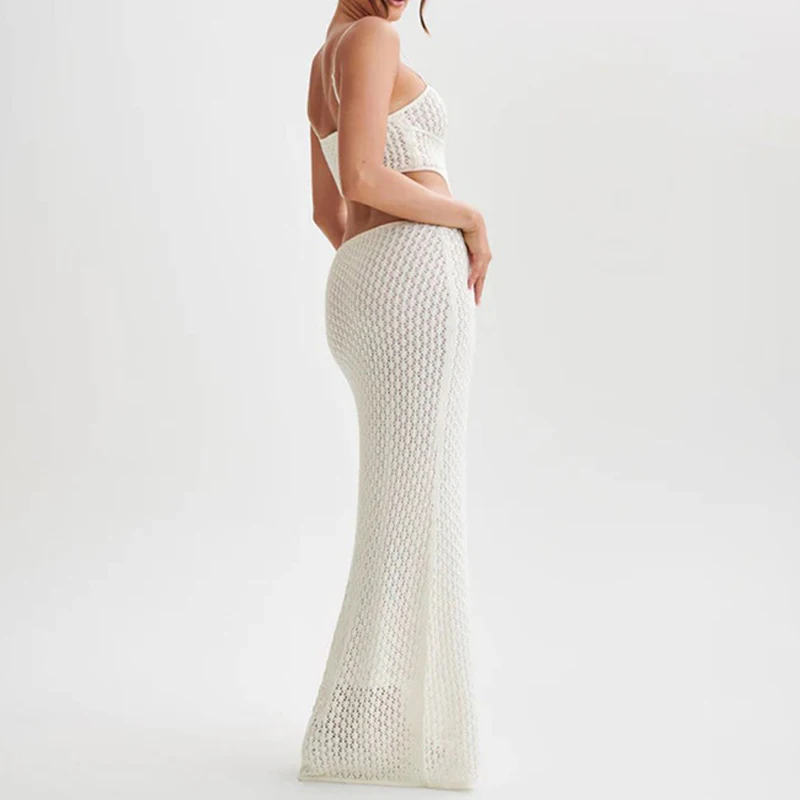 Abito sottoveste in vita con perdite di nuovo stile, lavorato a maglia, scava fuori, costumi da bagno sexy, copricostume da donna, spiaggia, protezione solare, abito lungo