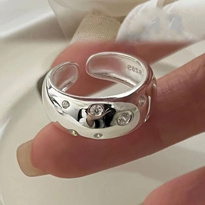 

925 Sterling Silver Rings For Women Geometric Fine Jewelry Finger Adjustable Simple Wide Zircon Ring For Party Birthday Gift