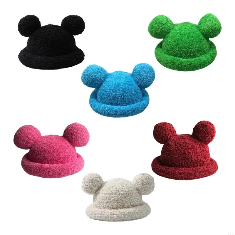 K1KC Adult Cartoon Bear Ear Polyester Bucket Hat Plush Winter