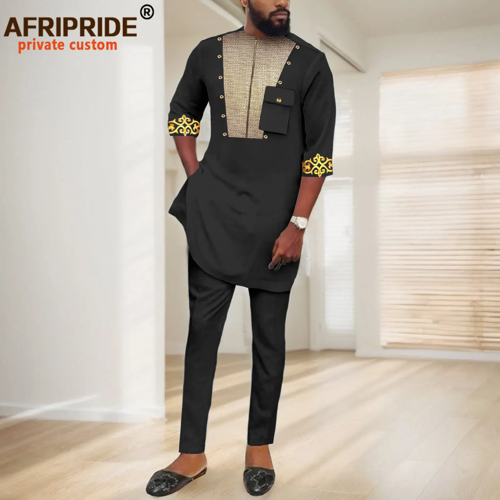 Mens 2 Piece Set Embroidery Traditional Suit Floral Printed Mens African Dashiki Shirt and Pants Outfit African Clothes 2416092