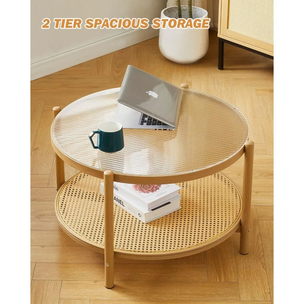 27.5 Boho Rattan Coffee Table, Round Glass Metal Center Table, Modern Simple 2 Tier Middle Table for Small Space Living
