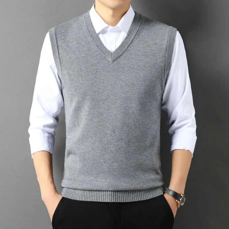 Men's Autumn and Winter Wool V-neck Knitted Vest, Business Casual Solid Color Vests. Simple and Stylish Middle-aged Dad Outfit