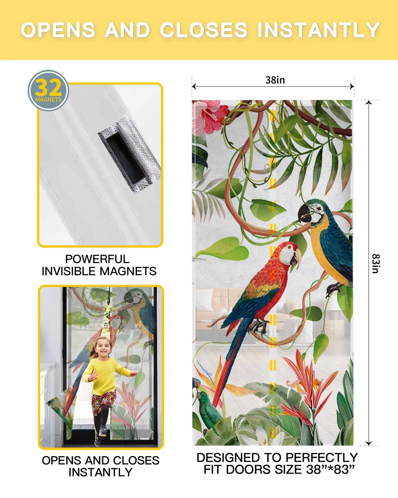 Tropical Leaves Parrot Flowers Summer Magnetic Door Curtain Living Room Bedroom Home Anti-mosquito Screen Door Curtain