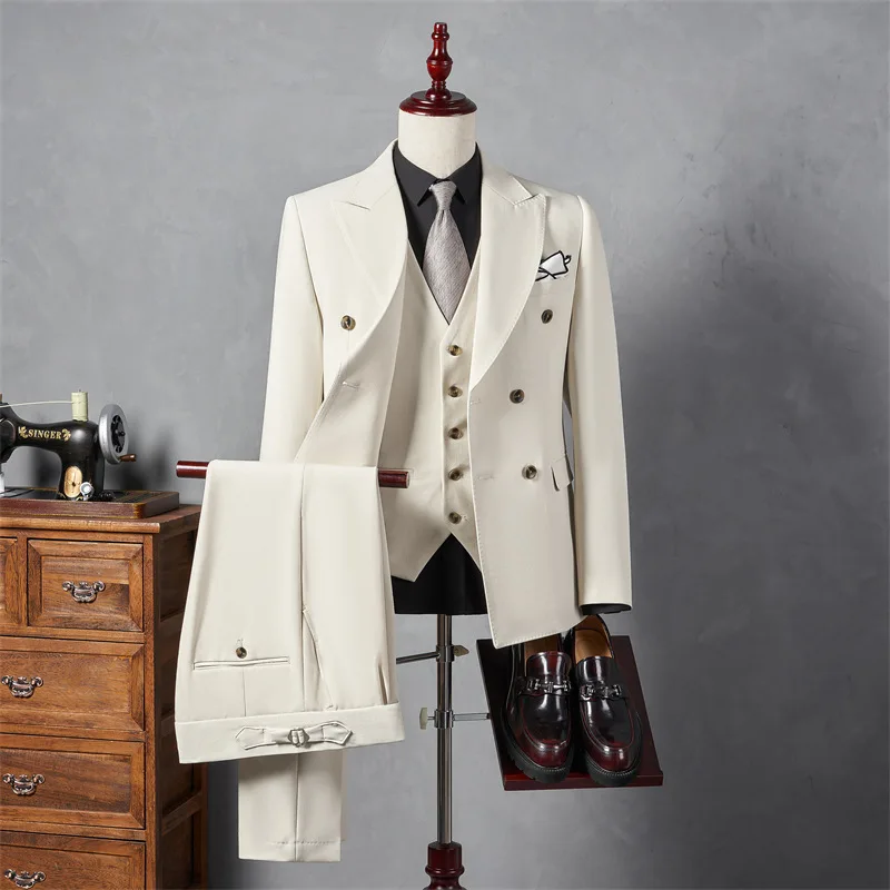 H17 Groom Suit Men's Double Breasted British Style Business Professional Formal Slim Wedding Suit