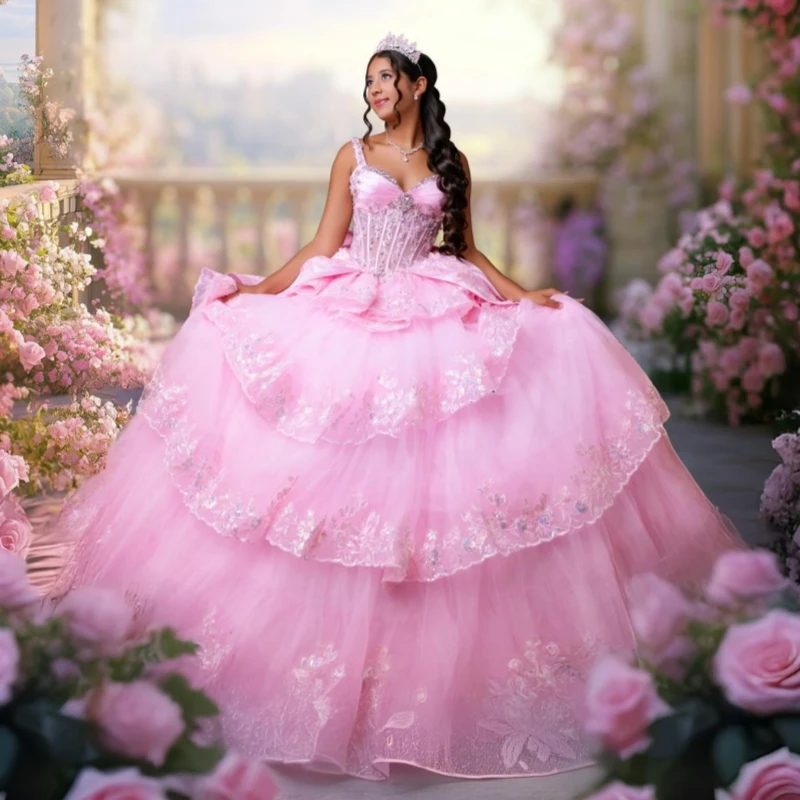 

Pink Shiny Quinceanera Dresses Off The Shoulder Applique Lace Beads Bow Tull Party Birthday Sweet 16 Dress Vestidos 15 De Anos