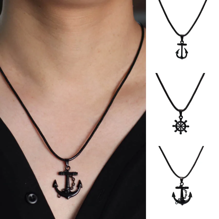 Marine Series Anchor Rudder Pendant Necklace Men Durable Wax Thread 24Inches Long Neck Jewelry Outdoor Surfing Beach Accessories