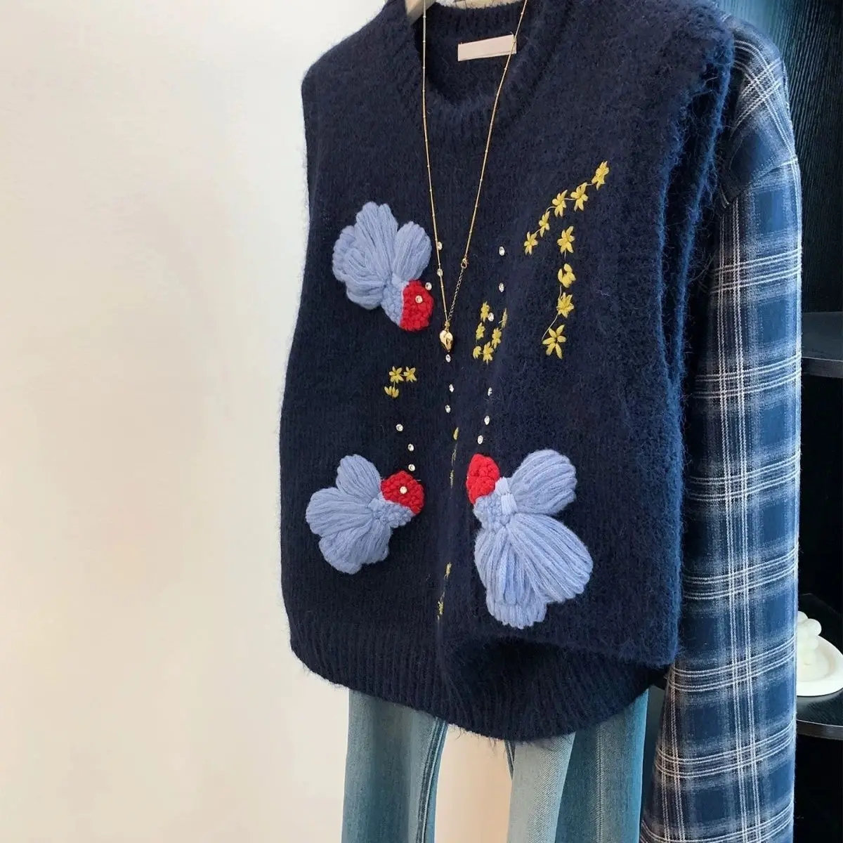 

Жаккардовый вязаный жилет с золотой рыбкой и вышивкой, осень-зима 2024, новый жилет-свитер, жилет casaco feminino