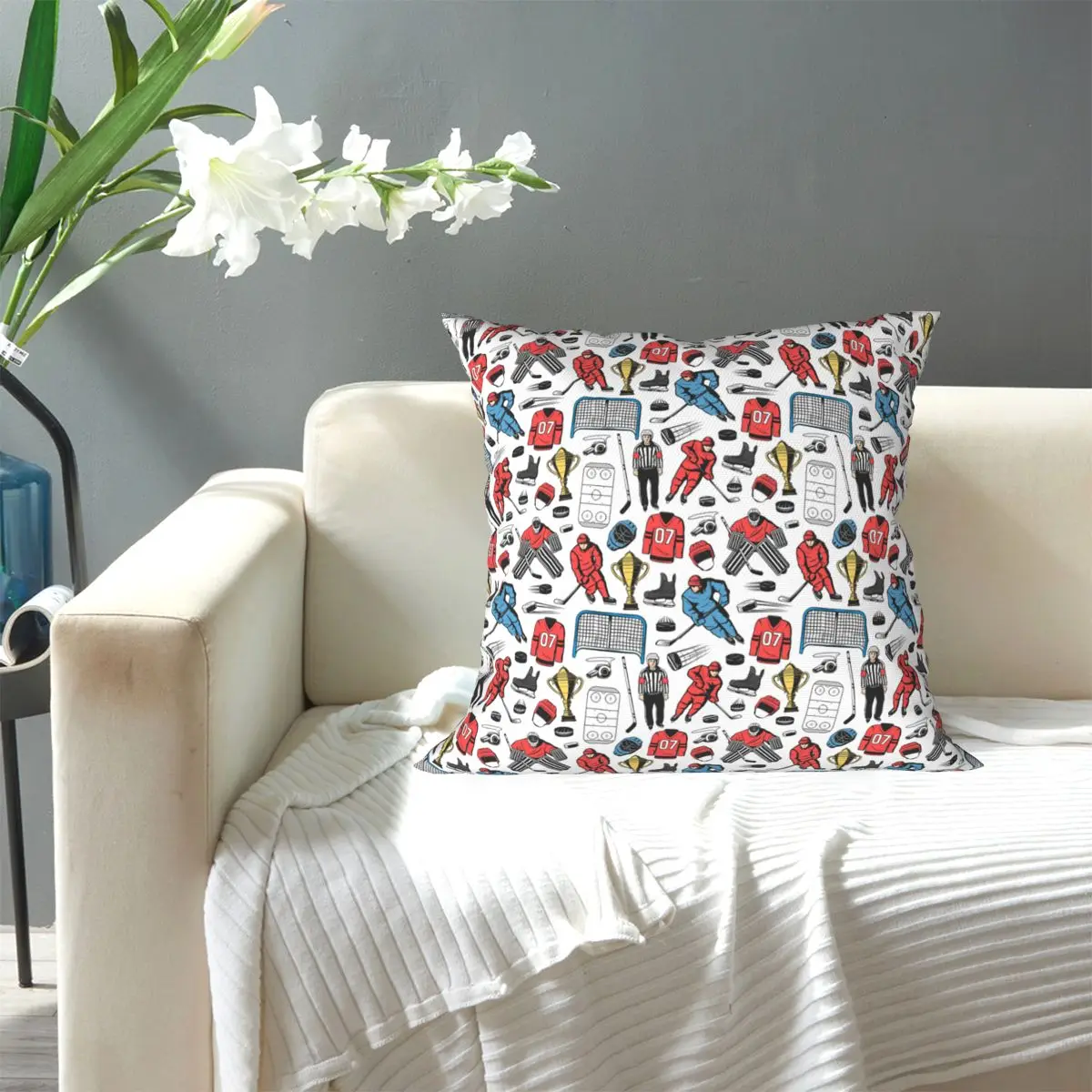 Ice Hockey Players On Rink Square Pillowcase Pillow Cover Cushion Zip Decorative Comfort Throw Pillow for Home Sofa