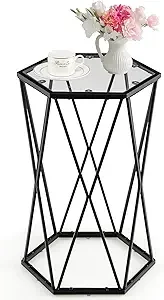 

Glass End Table, Hexagon Side Table w/Metal e, Small Coee Accent Table or Small Space or Living Room Balcony, ern Style Bede Tab