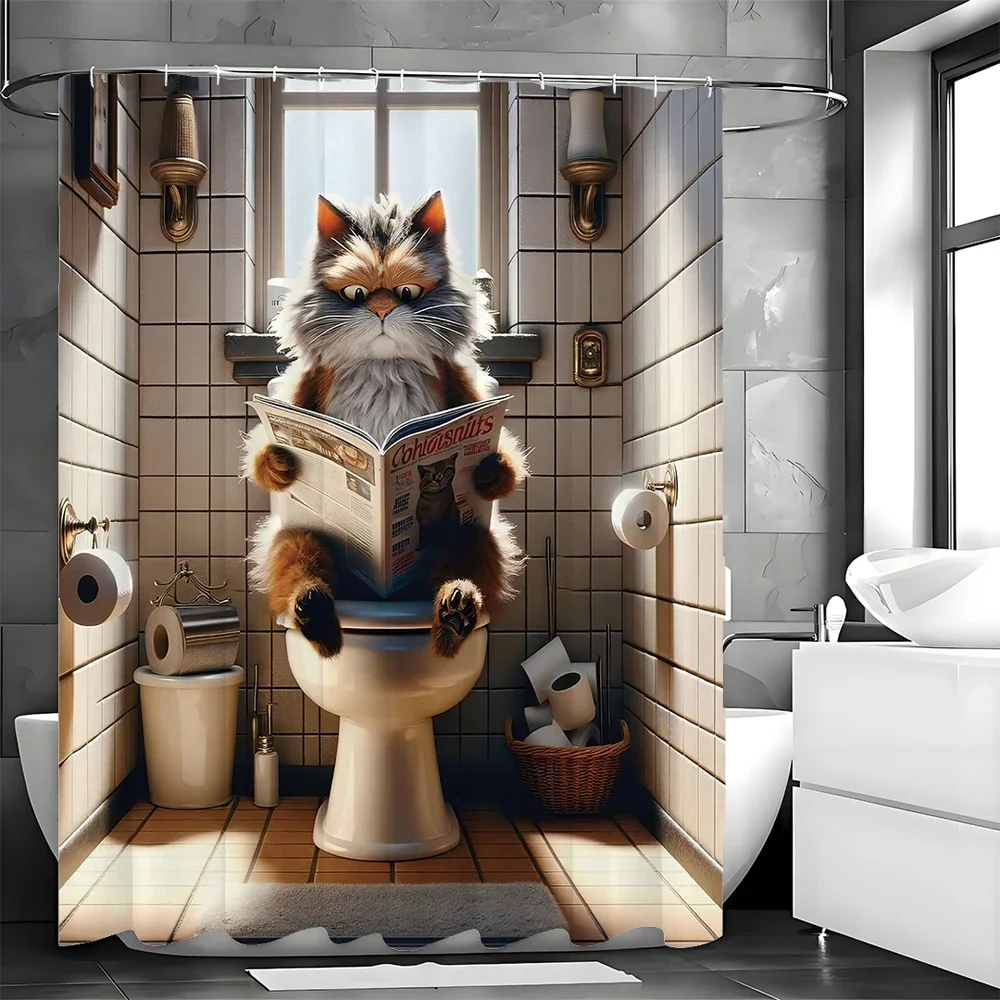

The Cat Who Reads the Newspaper Shower Curtain, Bathroom Decorative Shower Curtain, Waterproof Shower Curtain with Hooks