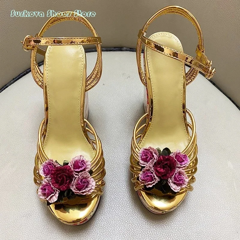 Flower Embellished Platform Sandals Sweet Round Open Toe Print Wedges High Heels Summer Buckle Strap Leather Sandals