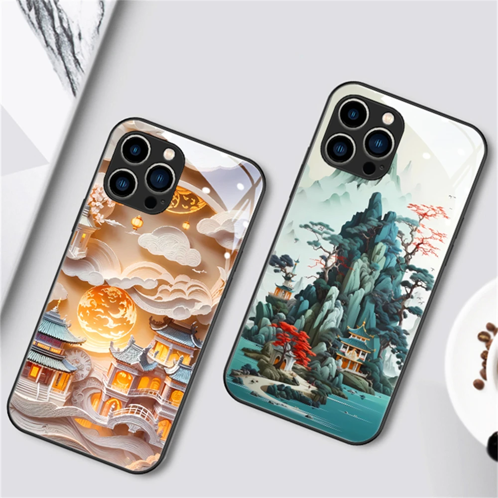 Chinese Ancient Landscape Painting Sound Control LED Flash Cases For Samsung S24 S23 S22 S21 S20 FE Note 10 20 Plus Ultra