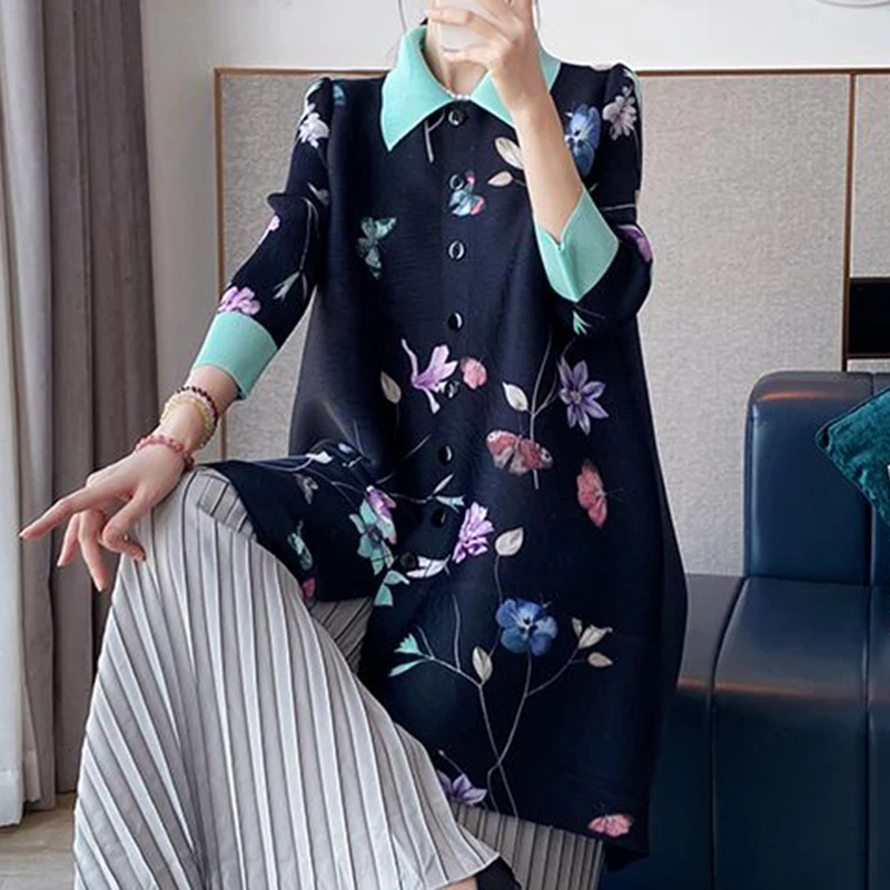 Folded 2024 Autumn New Chinese Butterfly Print Chinese Style Retro Dress Elegant and Loose  maxi dress