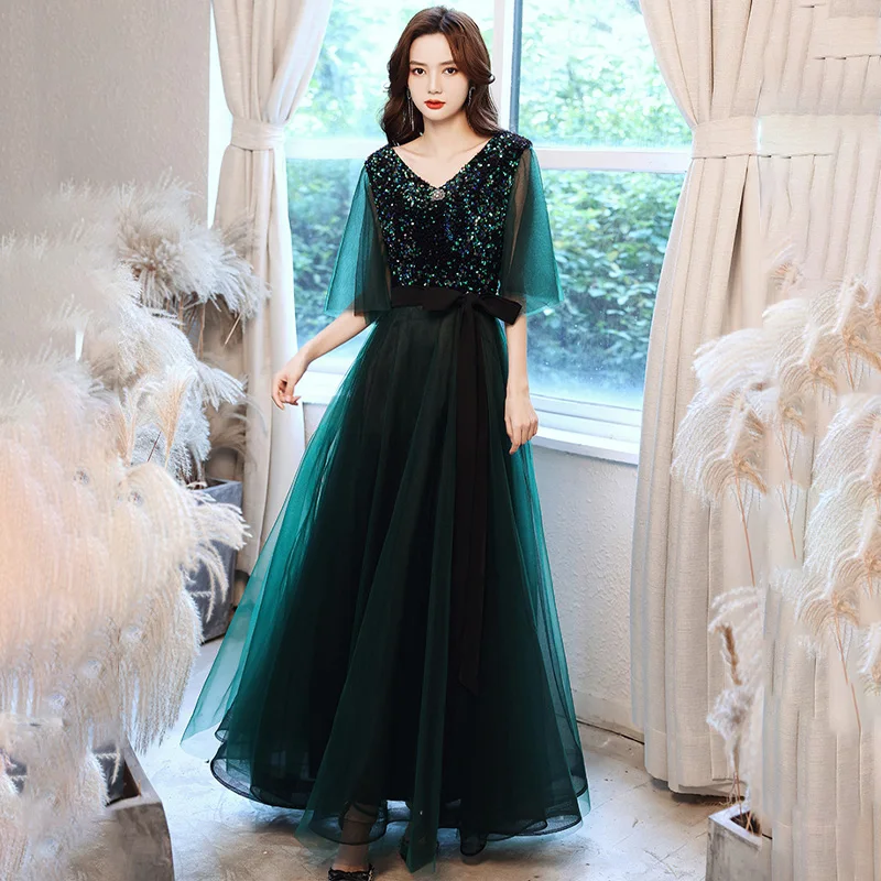 It's Yiiya Evening Dresses Green Sequins Tulle V-neck Half Sleeves Zipper Back A-line Floor-length Plus size Women Party Gowns