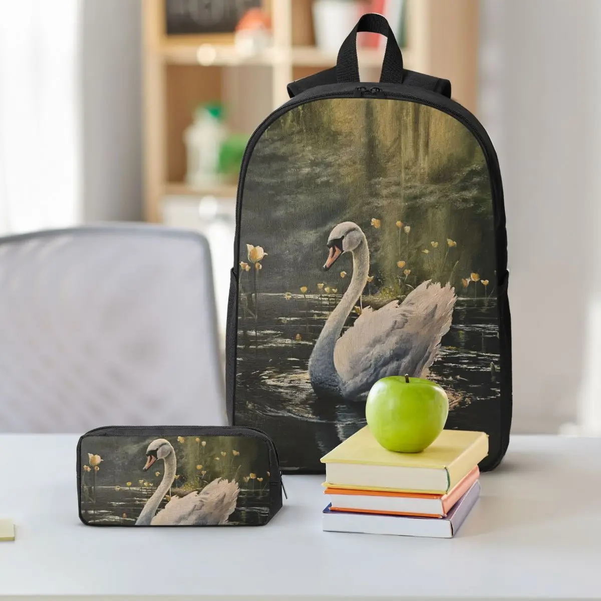 Elegant White Swan Gliding On Water Backpack Student BookBag School Bag Shoulder Bags 3ps Insulated Lunch Bag Pencil Case