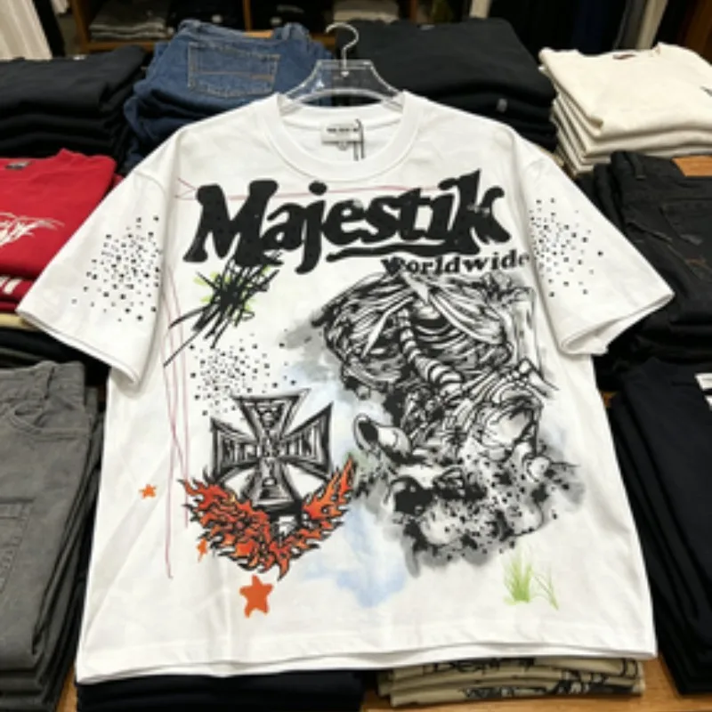 Men Women MAJESTIK Tshirt Summer Street Graffiti Cross Skeleton Pattern Round Neck Tops Rhinestone Short Sleeve Outfit