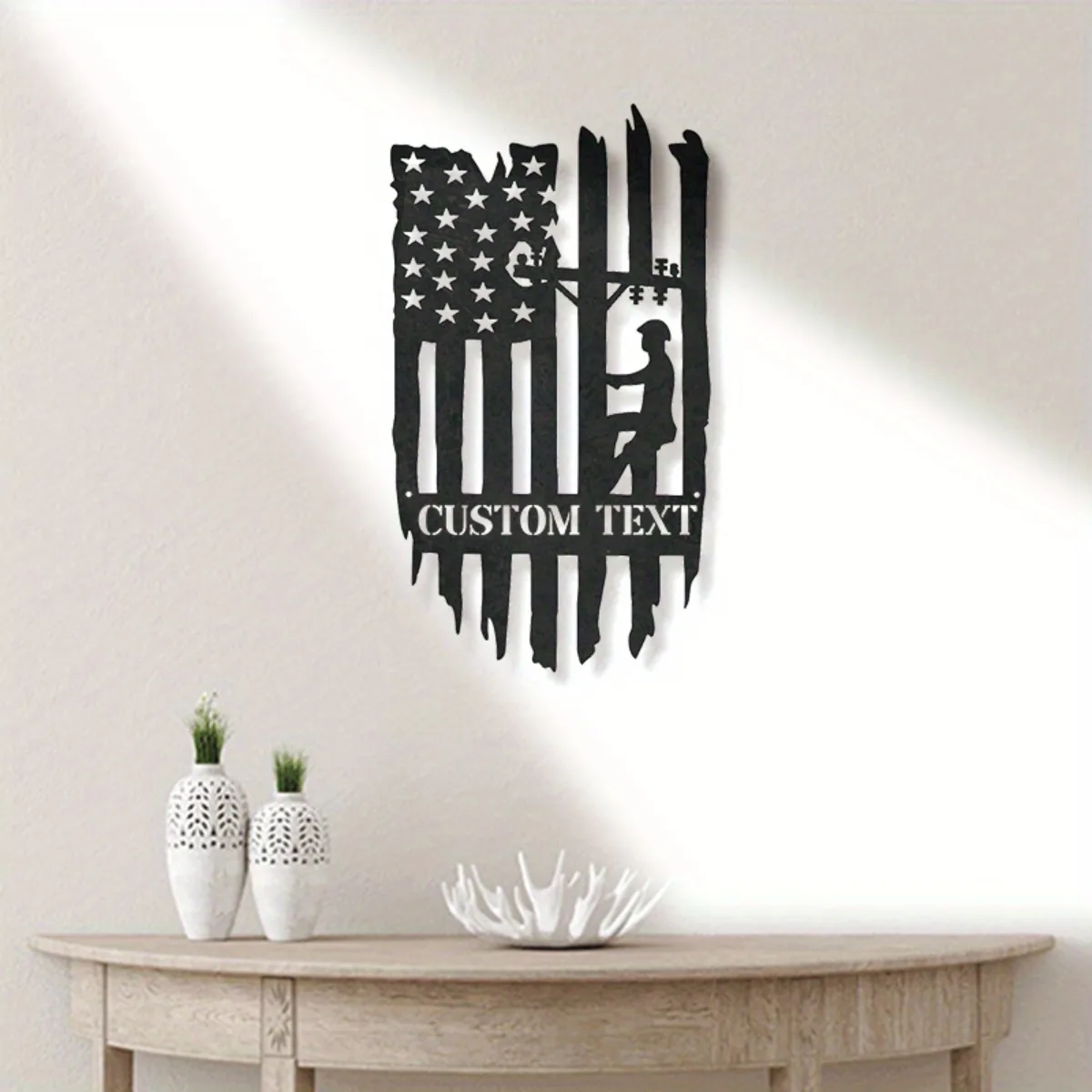 Custom Lineman USA Flag Metal Sign - Versatile Home/Office/Bar/Garage Wall Decor, Personalized Patriotic Design.