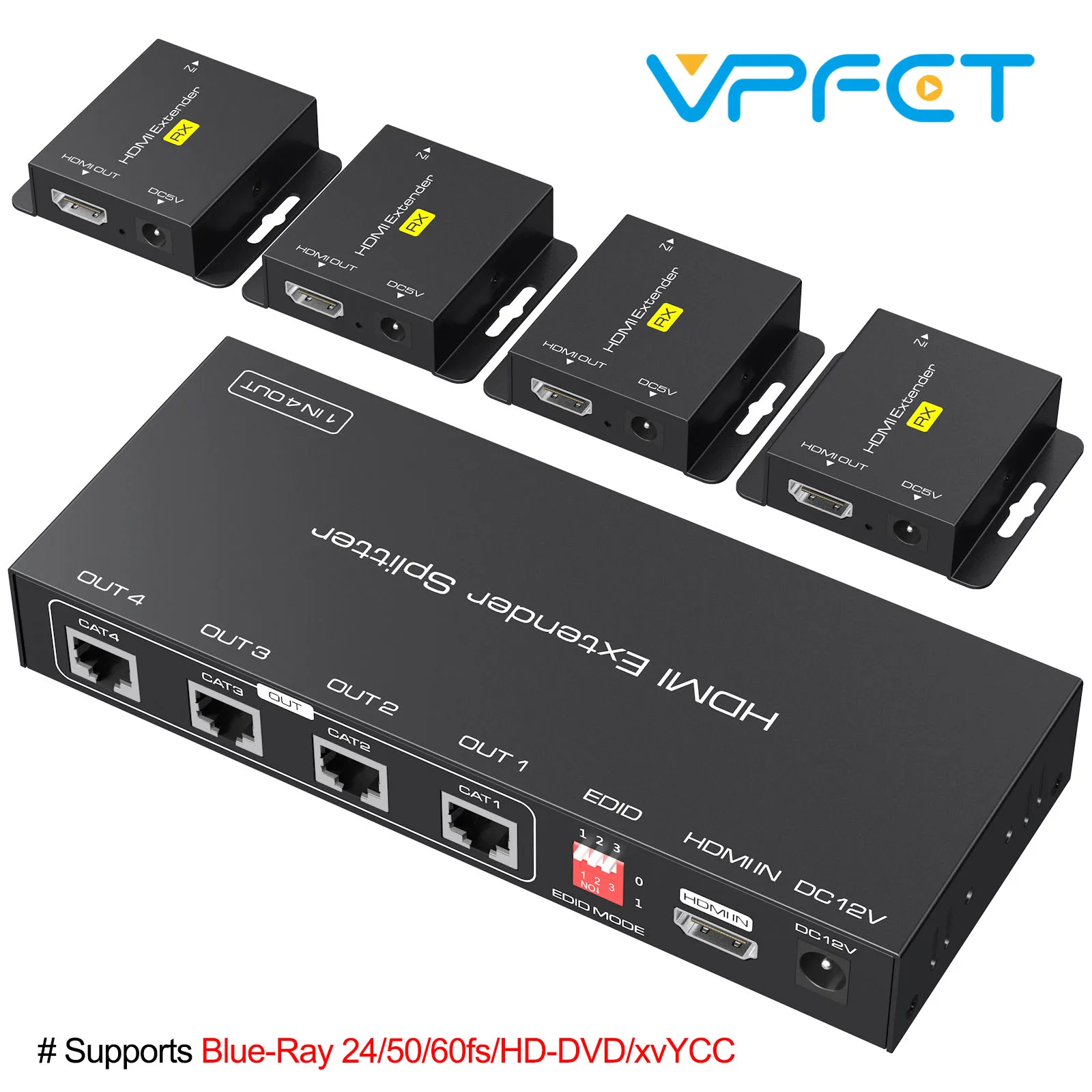 

HDMI Extender Splitter Over Cat5e/6 165ft 1 in 4 Out 1X4 Port Rj45 Ethernet Supports 60m 1080p HDCP EDID POC A Power Adapter