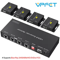 HDMI Extender Splitter Over Cat5e/6 165ft 1 in 4 Out 1X4 Port Rj45 Ethernet Supports 60m 1080p HDCP EDID POC A Power Adapter