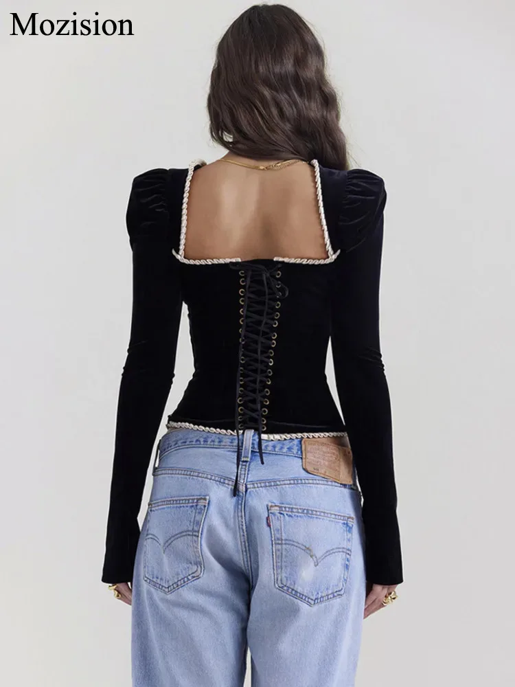 Mozision Square Collar Backless Bandage Sexy T-shirt Women Autumn Winter New Black Shoulder Pad Sleeve Skinny Sexy Party Tops
