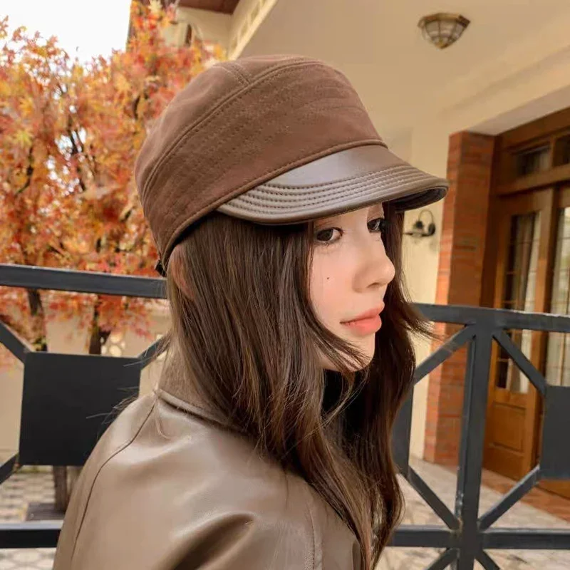 

Fashion Genuine Leather Sheepskin Baseball Cap Women Solid Cap Black/Brown Vintage Ladies Winter Cap Painter's Hat