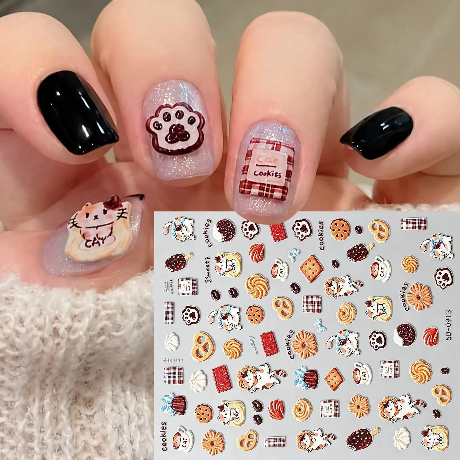 5D Relief Cat Cookies Design Nail Sticker Cartoon Animal Biscuit Ice Cream Self-Adhesive Decals DIY Sliders Manicure Decoration