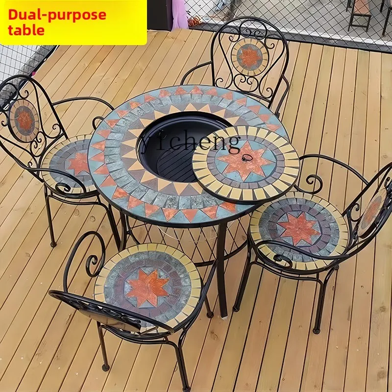 

TWR BBQ Table and Chair Set Commercial Wood Charcoal Grill Terrace Leisure Balcony Dining Table