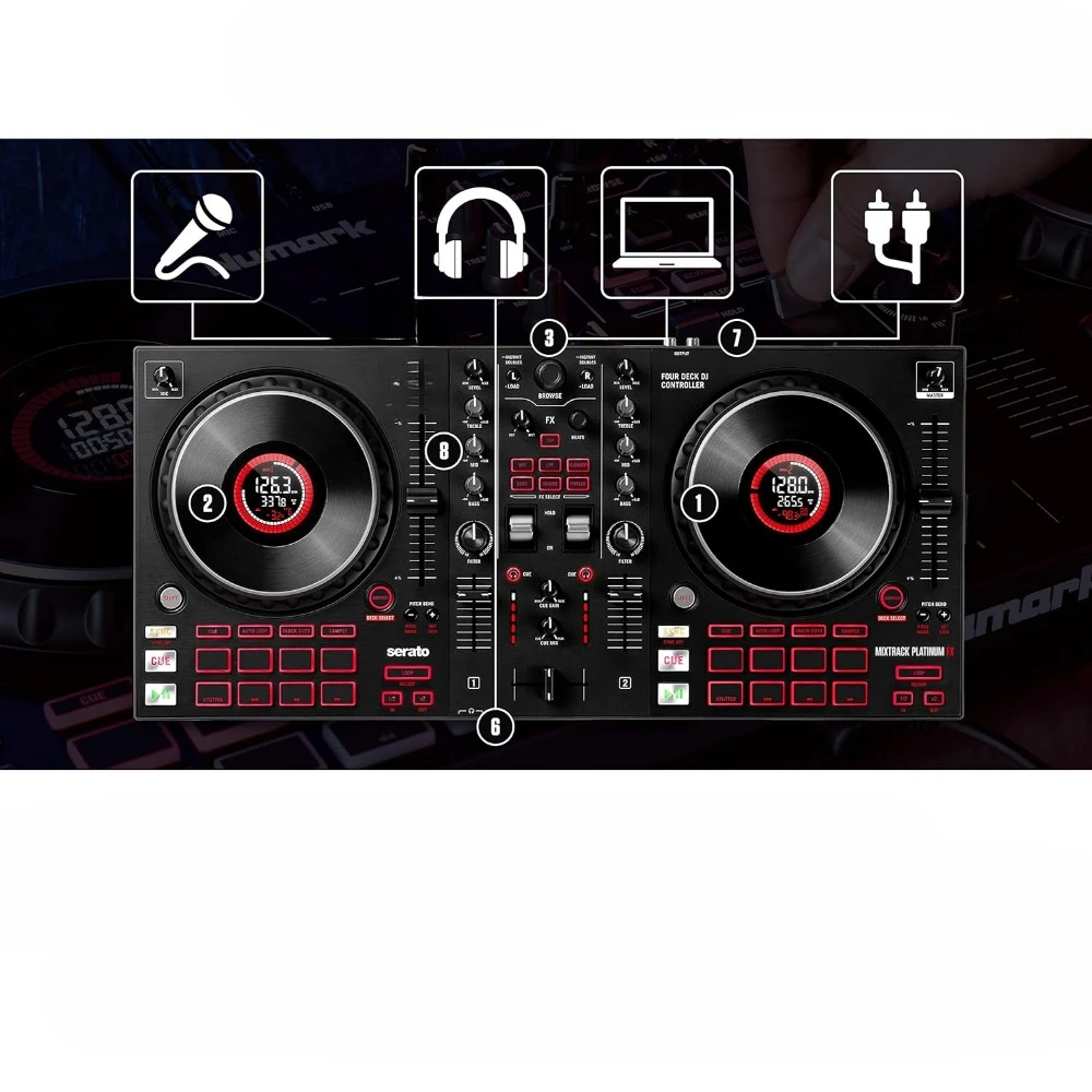 Serato DJ with 4 Deck Control, DJ Mixer, Built-in Audio Interface, Jog Wheel Displays and FX Paddles