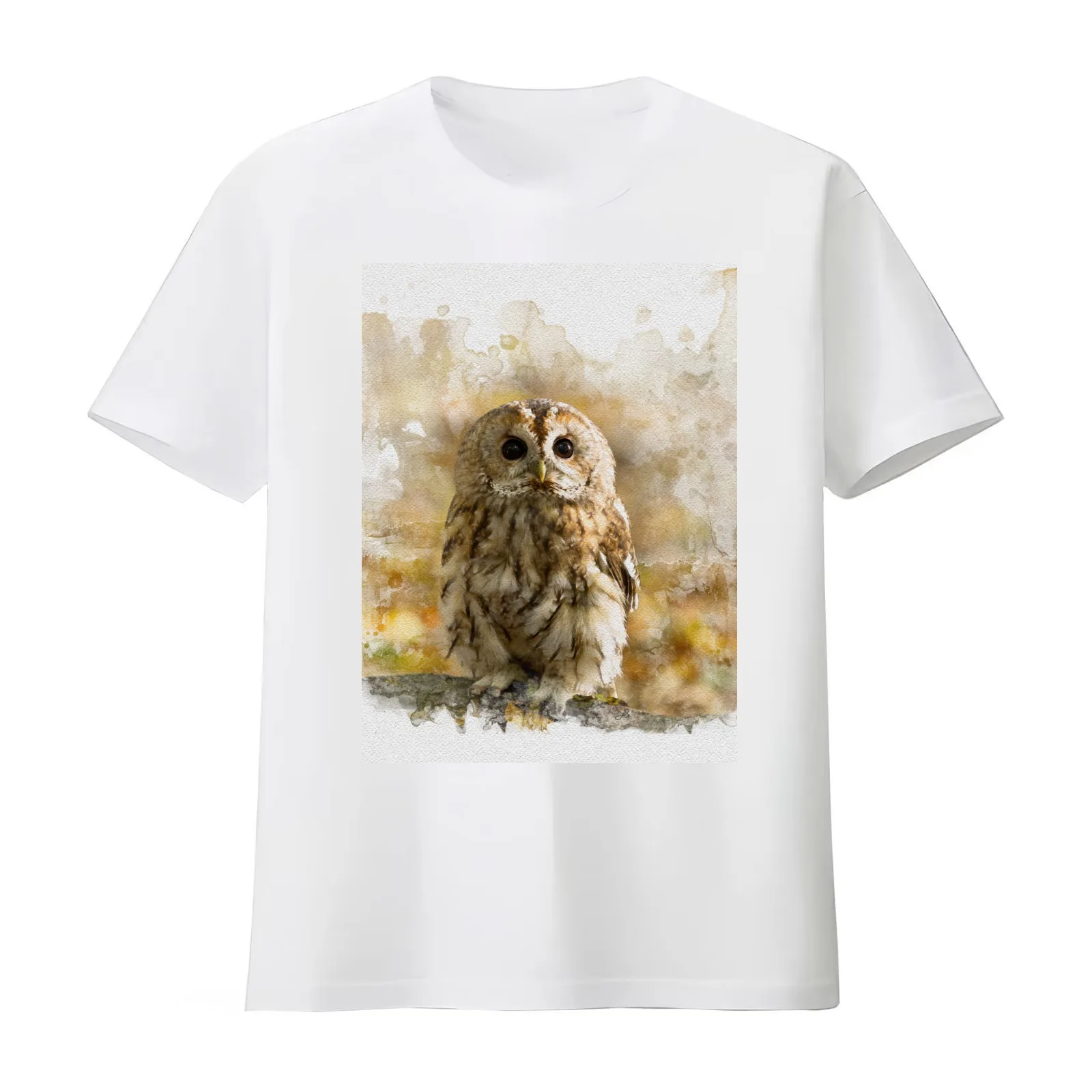 Tawny Owl Watercolour Photograph. T-Shirt Summer Casual Cotton Tee Oversized Streetwear Tops Vintage Graphic Print
