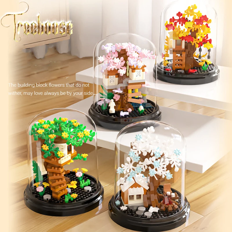 Creative Display Stand Micro Diamond Block Spring Summer Autumn Winter Tree House Building Brick Treehouse Toy Nanobricks