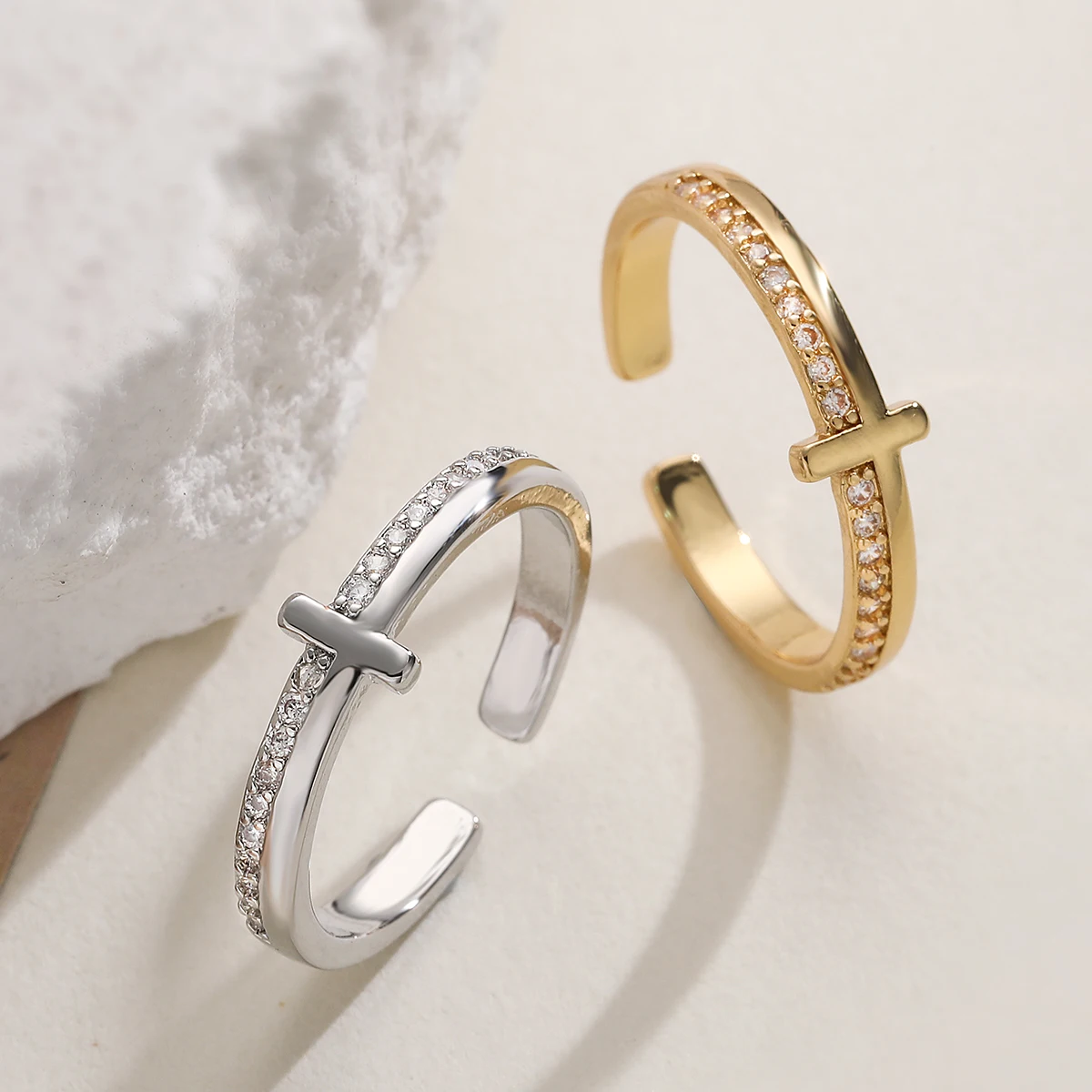 Minimalist Ring Stackable - Brass Cross Zircon Open Cuff Ring