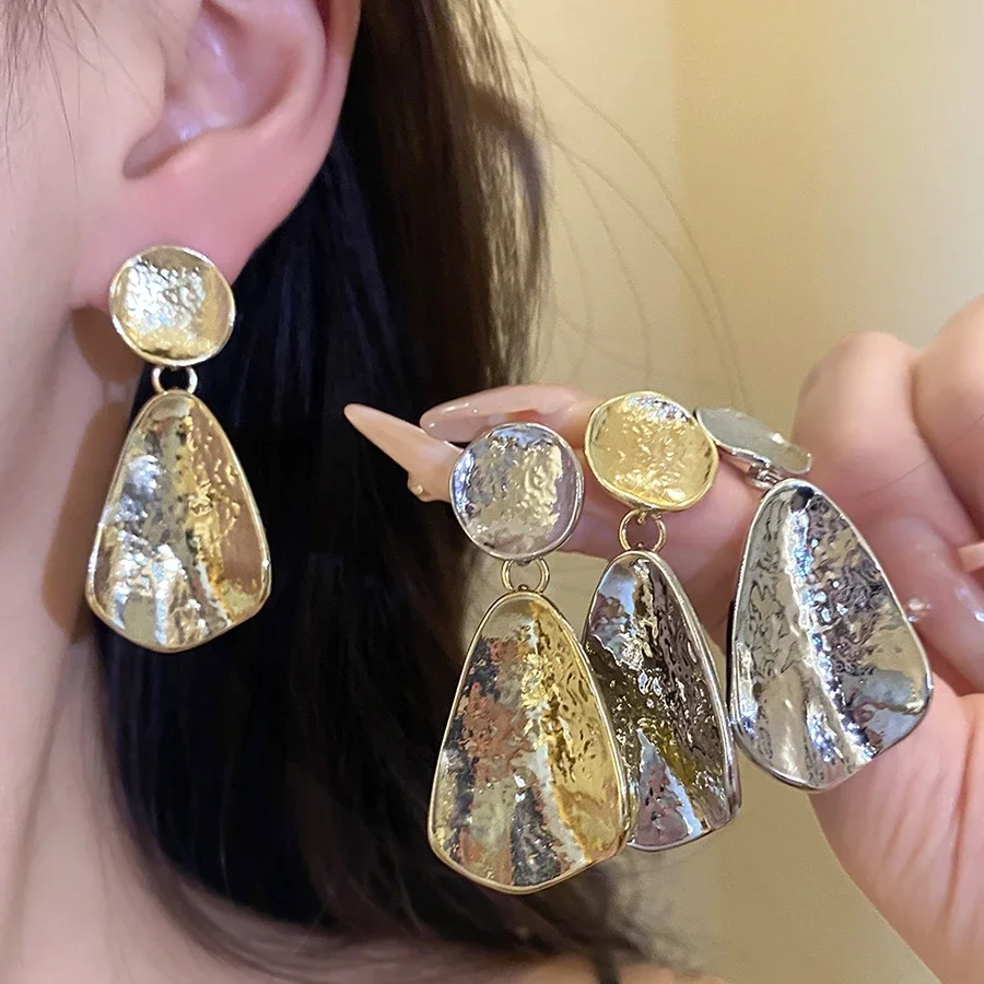Gold Silver Tone Hammered Texture Irregular Drop Shape Minimalist Elegant Stud Earrings for Women Daily and Party Wear