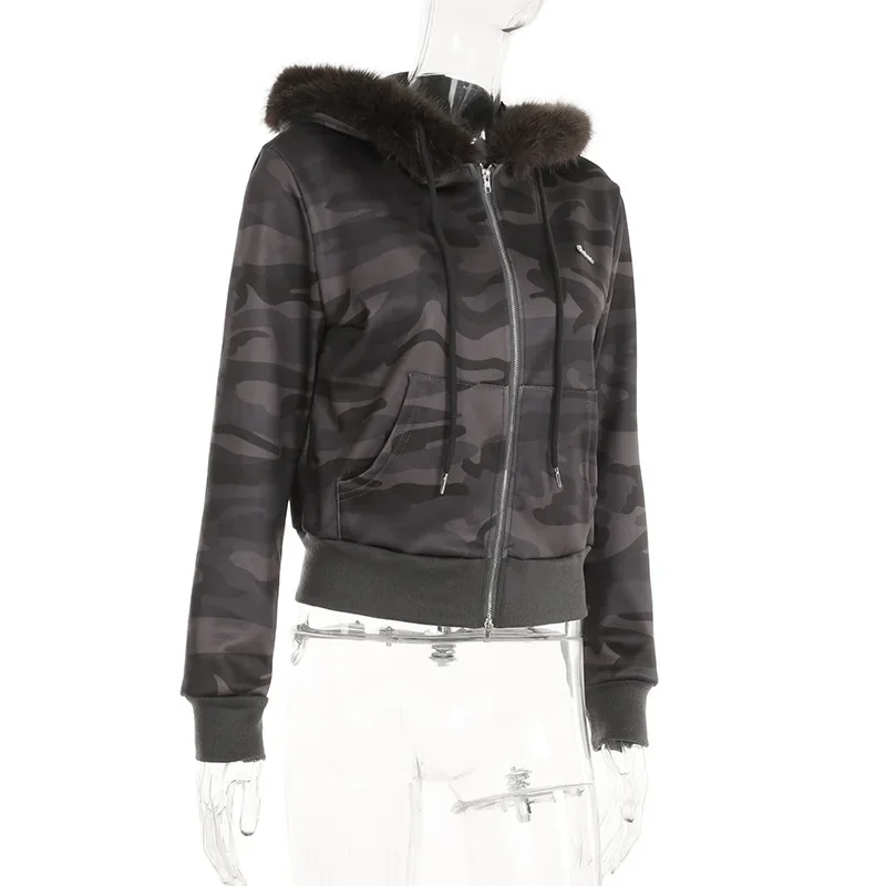 Goth Dark Streetwear Hoodies Faux Fur Collar Double Zip Hooded Coats Women Casual Pocket Gothic Jackets Y2K Grunge Fall cardigan