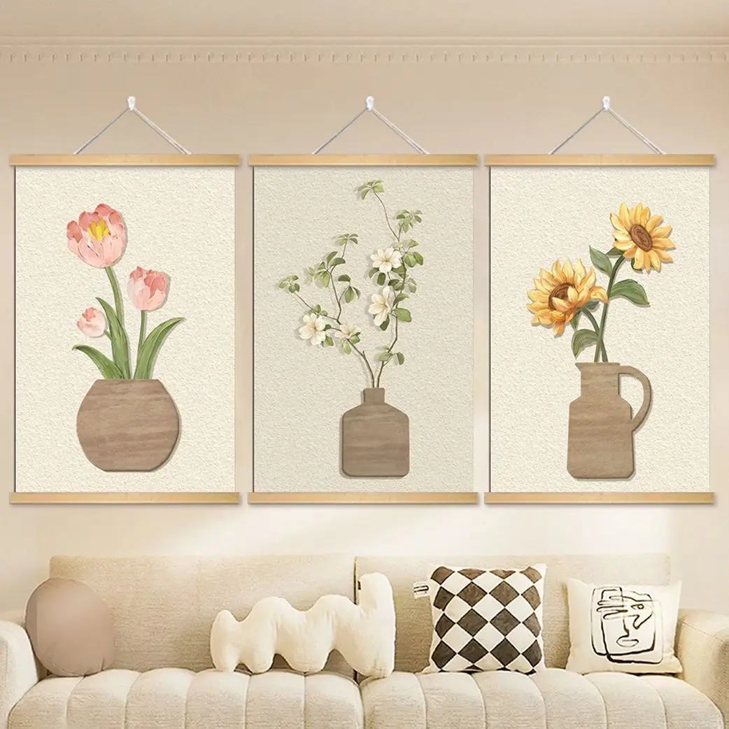 

​Japanese Cream Floral Wall Art Botanical Green Plants Canvas Painting for Living Room Bedroom BackgroundNordic Wood Frame Decor