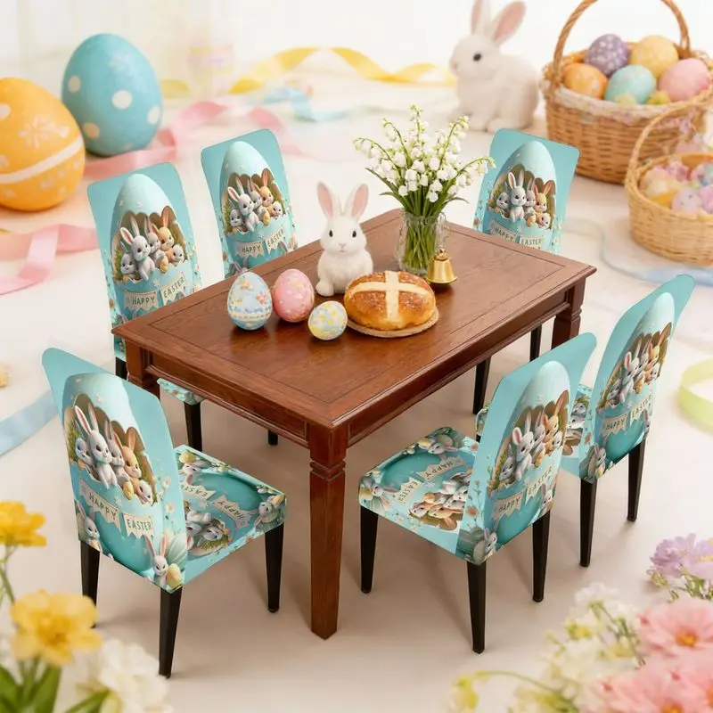 Easter 2D flat print dining chair cover set, large blue cracked egg with colorful cute rabbit pattern, elastic chair cover.
