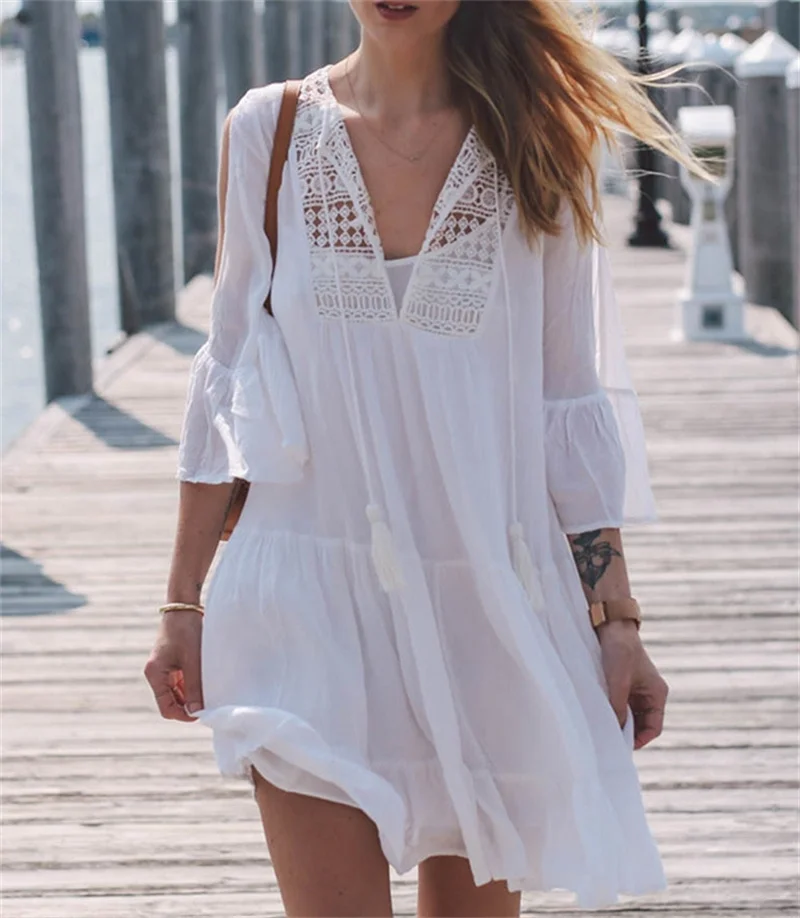 Verão sexy curto vestidos de renda banho feminino maiô praia bikini cover ups casual solto protetor solar vestido babado