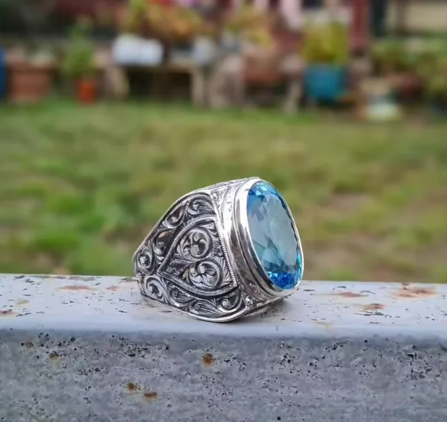 خاتم عتيق مصنوع يدويًا من المعدن العثماني من Türkei Hand Ingelegten Blauer Stein Kristall Herren خاتم عمل