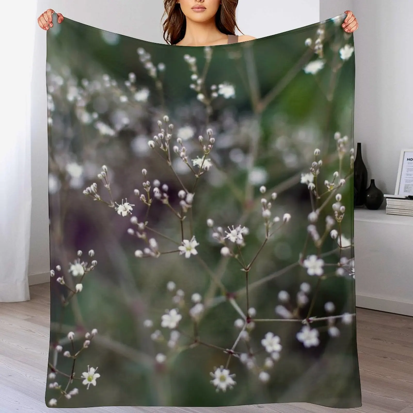 White Baby's Breath (Gypsophila paniculata) flowers Throw Blanket Decorative Throw decorative blankets and throws Furry Blankets