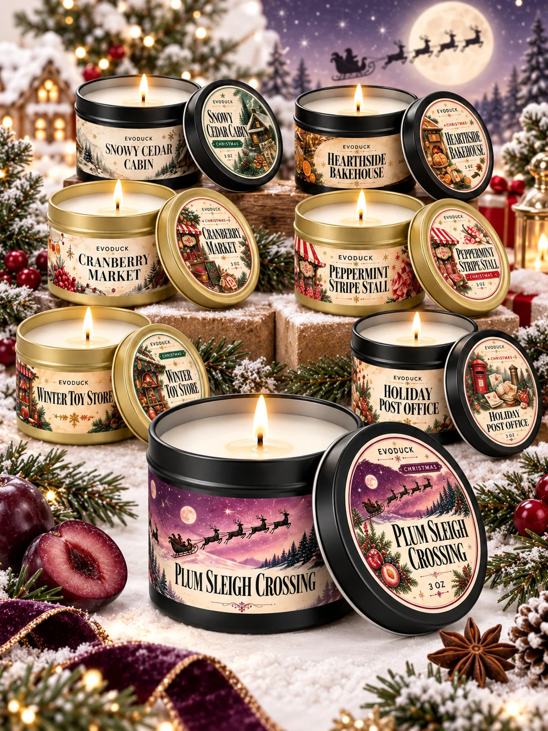 1pc Dark Plum Amber Christmas Candle 3oz Black Tin, Rich Fruity Winter Scent, Gift Box & Card, Xmas Party Decor