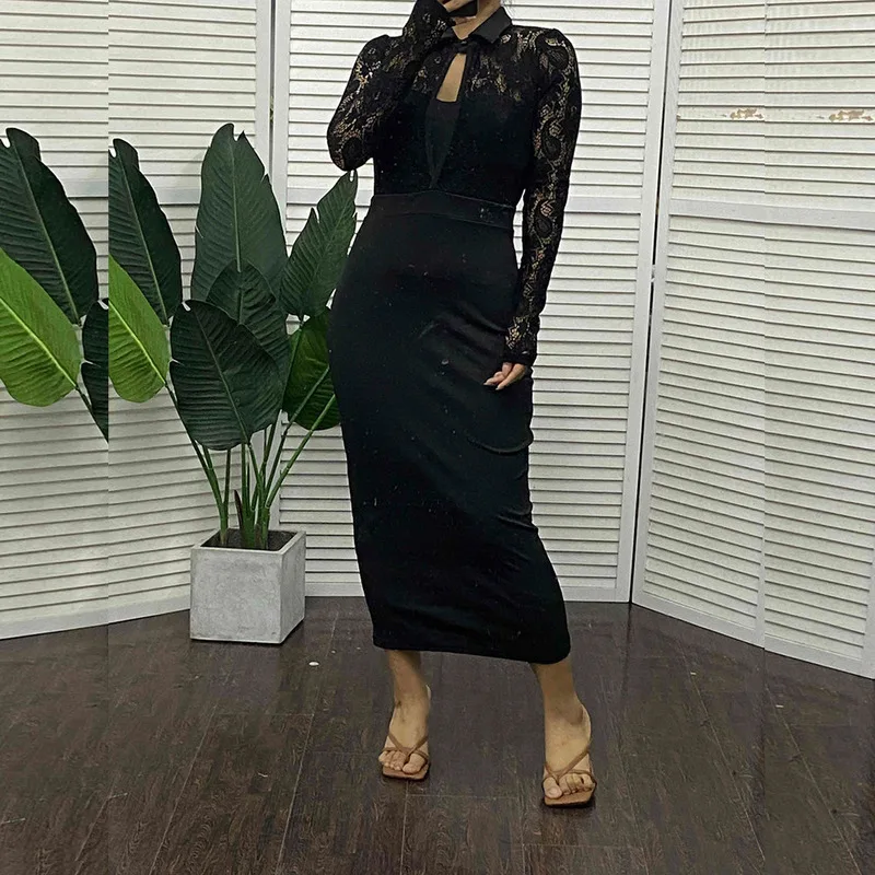 

New Lace Long-sleeved Women's Sheath Dress Spice Girl Pack Hip Sexy Nightclub Maxi Dress Temperament Stand Collar Chest Opening