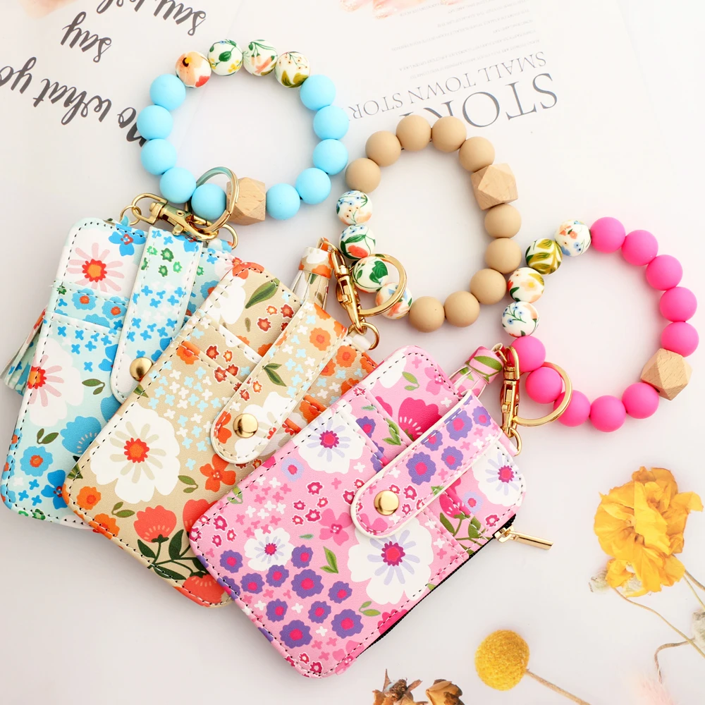 2024 Silicone Bead Bracelet Leather Card Bag Wristlet Keychain Silicone Bracelet Wallet Bangle floret Printed Fragmented ID Bag