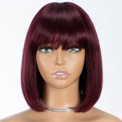 99j Red Human Hair Wigs For Women Short Remy Brazilian Hair Wigs With Bangs P4/30 Highlight Short Straight Hair Wigs With Bangs