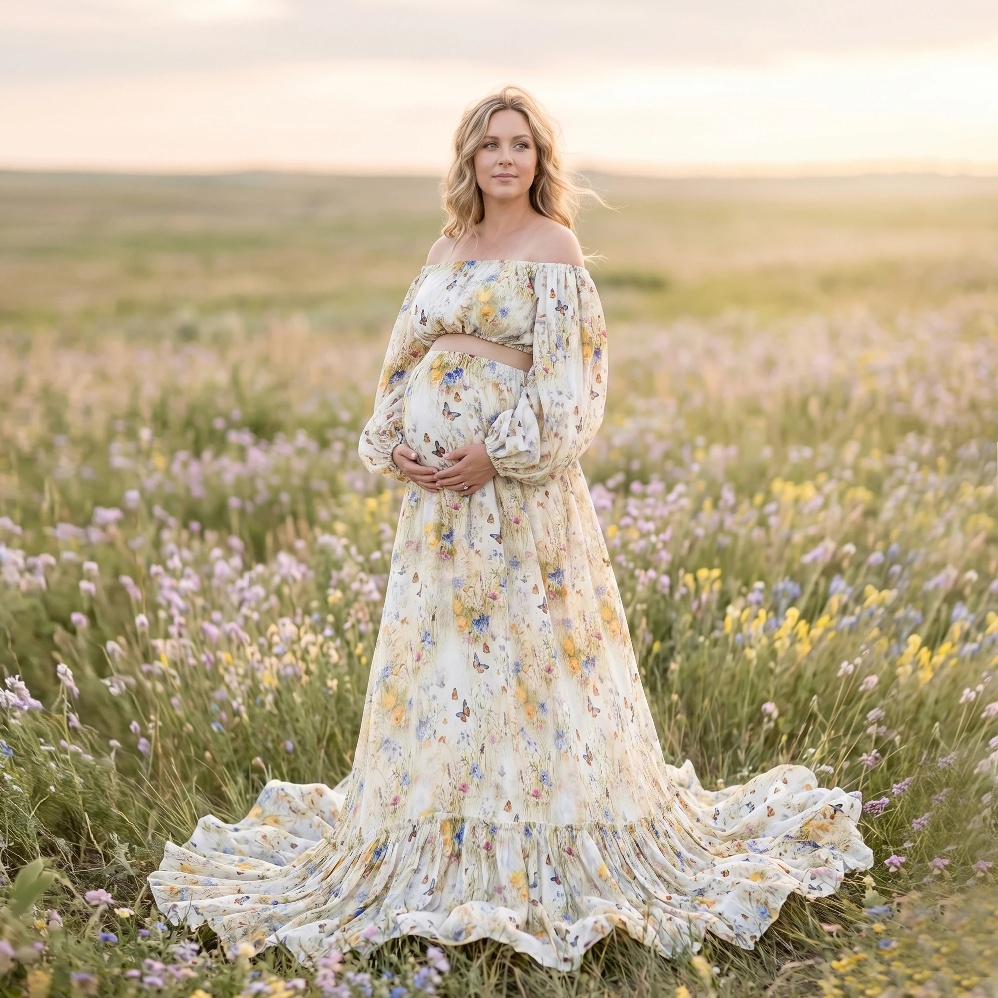 Don&Judy Butterfly Dance Floral Field Brocade Cotton Fabric Print Two-Piece Set Maternity and Non-maternity Gown Photography