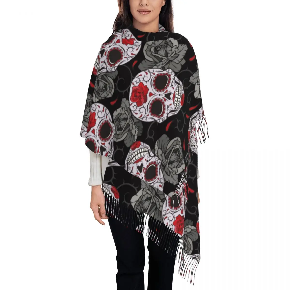 

Sugar Skull Halloween Scarf for Womens Fall Winter Pashmina Shawl Wrap Day of the Dead Long Scarves with Tassel for Daily Wear