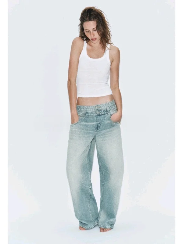 Spring Summer Women's Casual Style Long Version Hole Decoration Double Layer mid Waist Straight Leg Jeans Straight Leg Jeans