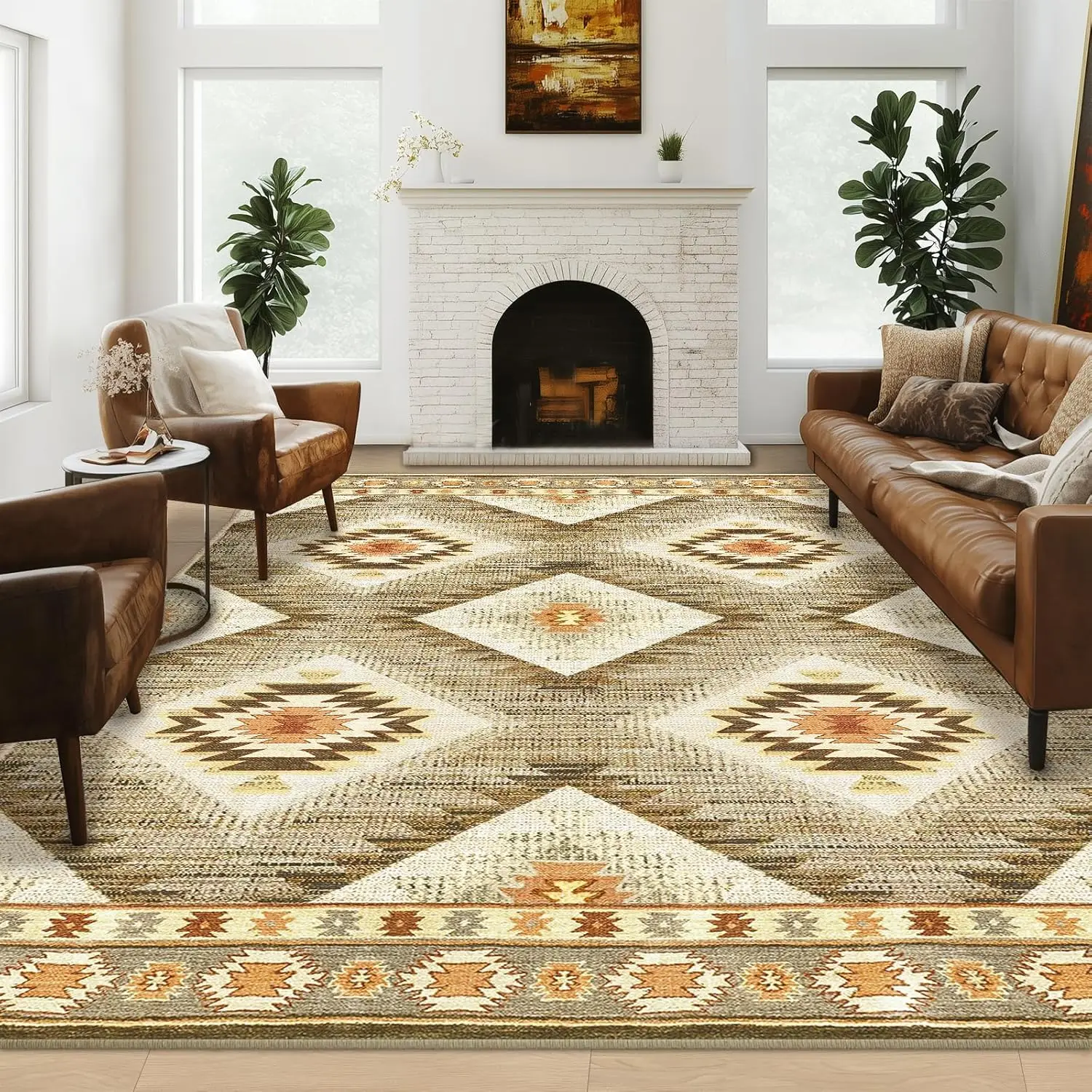 8x10 Area Rug Machine Washable Non-Slip Low Pile Print Pattern Western and Aztec Rug for Living Room